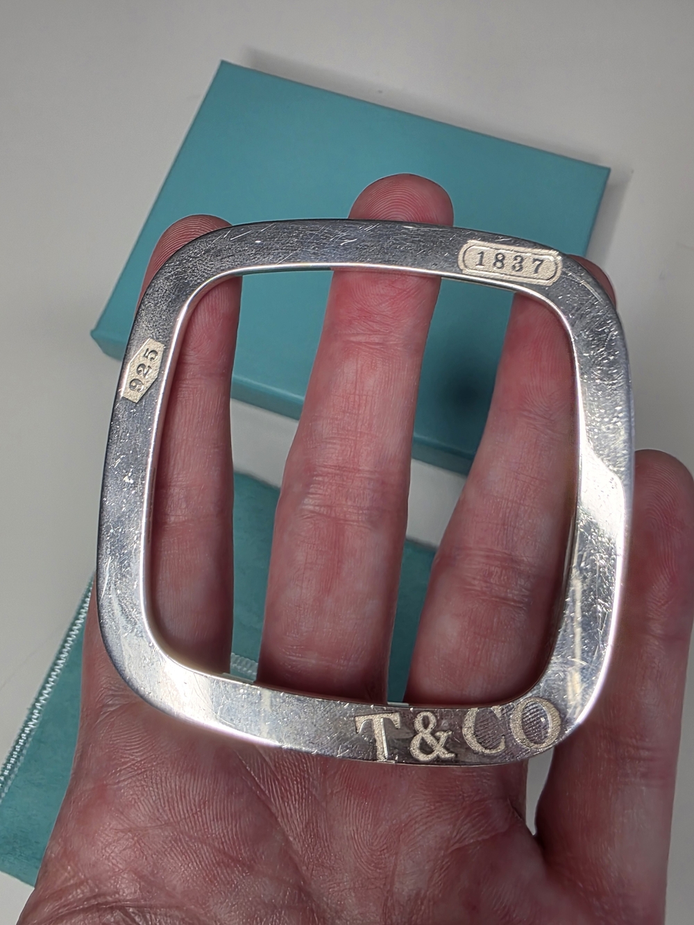 Tiffany & Co. 1837 Sterling Silver 925 Square Cushion Flat Bangle Bracelet, 37g